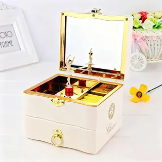 Xzyden Musik-Box, elegante Schmuckschatulle mit Tänzerin, Schminkspiegel, Vintage-Schmuckschatulle mit Tänzerin, Schmuck-Aufbewahrungsbox mit Schublade für Mädchen, Weiß, 13,4 x 11,2 x 19,2 cm