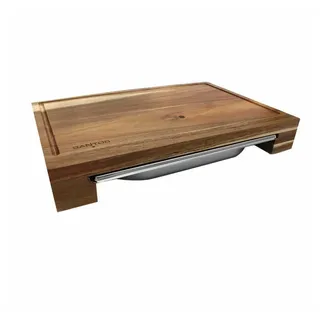 PROREGAL® Schneidebrett Schneidebrett Akazie mit Edelstahl-Auffangschale, Akazie