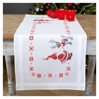 Vervaco Stickerei Weihnachten Stickerei Kits Kreuzstich Tischläufer DIY Set, Tischdecke zum Besticken mit Bild auf Baumwolle und Stickgarn, 16 x 40 Zoll, Weihnachtsmann & Hirsch
