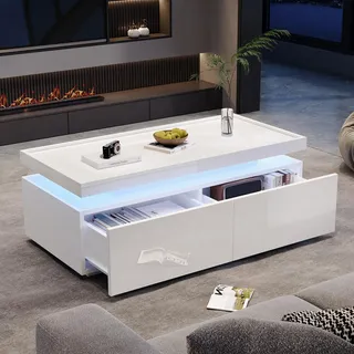 Merax Couchtisch Weiß Hochglanz, Wohnzimmertisch mit 2 Schubladen, Moderner Sofatisch mit Stauraum,Beistelltisch für Wohnzimmer 95x45x35cm