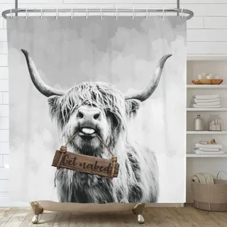 RAMOTE Duschvorhang 120x200 Graues Hochlandrind, Duschvorhänge Antischimmel 3D Interessant, Shower Curtains Wasserdicht Waschbar, Duschrollo für Badewanne Dusche Badezimmer, mit 8 Ringe