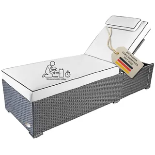 RS Trade Sonnenliege Gartenliege wetterfest extra hoch auch für Senioren – Polyrattan Outdoor mit Rollen, stabil & belastbar bis 200kg, XXL für Garten Terrasse Balkon, grau Rattan, mit Heller Auflage