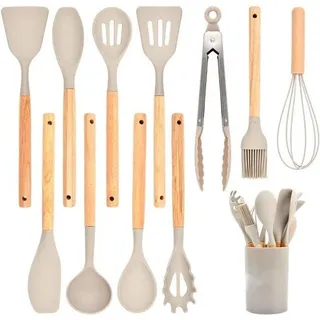 Famanu Küchenhelfer-Set - 12-teiliges Silikon-Küchenzubehör mit Besteckbox - Holzgriff - hitzebeständig - antihaftbeschichtet - Küchenhelfer (...