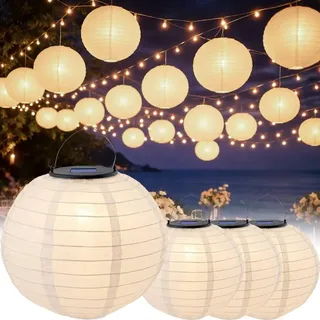 LUMILED Solar Lampions Außen, 4x wetterfest Solarlaterne Laterne, Ø20cm LED Lampion Solarleuchte IP44 Kugel weiß Hängend Dekorative wetterfest - Weiß