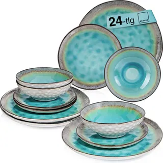 SÄNGER | Tafelservice Capri 24 tlg, Teller Set 8 Personen, Steingut Essgeschirr Plates Set Dessertteller Speiseteller & Schüsseln, Teller Handmade, Essservice Türkis Blau mit Grauem Rand