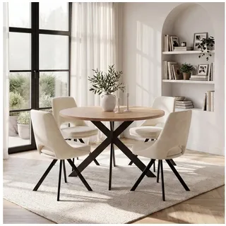 Jiexi Essgruppe Runder Esstisch 110cm MDF Set mit 4 Flanell Stühlen Kreuzgestell beige