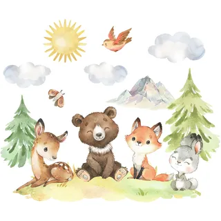 Wally Fox Wandtattoo Kinderzimmer Deko Wandtattoo Kinderzimmer Mädchen und Junge Wanddeko Wandaufkleber für Baby Grün, Braun, Rot, Grau, Waldtiere XL