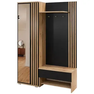 Deine Möbel 24 Garderobenschrank MILANO Garderobe Flurgarderobe Garderoben-Set mit Spiegel (2-St., Eiche Wotan + Schwarz / ganz Weiß matt) schwarz