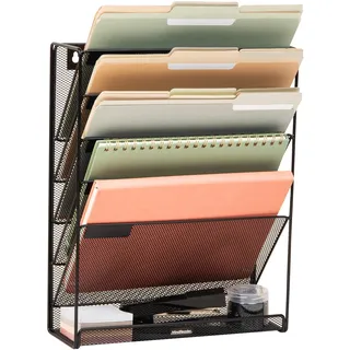 Mind Reader 5-Tier Vertical File Storage, Desktop Organizer, Wall Mount, Office, Metal Mesh, 12.75" L x 4" W x 16" H, Black