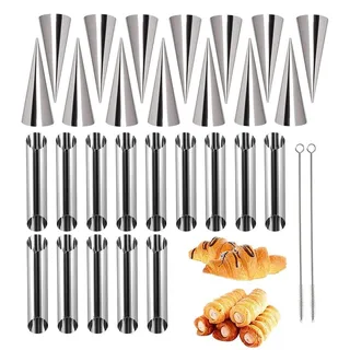 28 Stück Backform Set, Cream Horn Formen Set Sahnerollen Edelstahl Cannoli Rohre Molds Hörnchen Backform Kuchen Gebäck Spirale Horn Backform Backzubehör