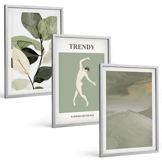 Bilder Set 3-teilig im silbergerahmten Rahmen – Wandbilder 3 Stück – gerahmte Poster für Wohnzimmer, Schlafzimmer und Flur – 40x60 cm – A... - Grün
