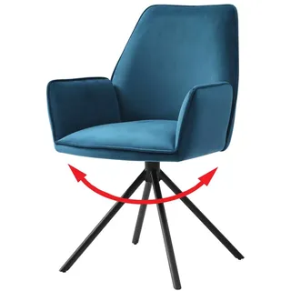 Esszimmerstuhl HWC-G67, Küchenstuhl Stuhl mit Armlehne, drehbar Auto-Position, Samt türkis-blau, Beine schwarz