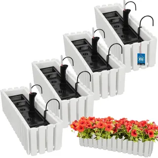 KOTARBAU® 4er Set Blumenkasten Balkon - Blumentopf Selbstbewässernd - 58x18x16cm - Weiß - Kunststoff - Blumentopf Balkongeländer - Bewässerungssystem - Blumenkastenhalterung - Pflanzkübel Groß Außen