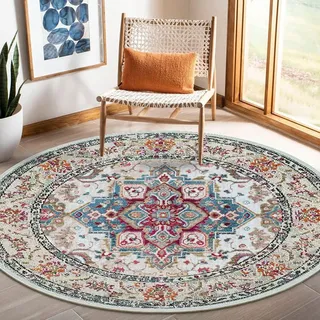 Nyescasa Teppich Rund 140 cm Vintage Boho Mandala Teppich Wohnzimmer Waschbar rutschfest Weich Kurzflor Runder Teppiche für Schlafzimmer Kinderzimmer Outdoor, Beige Blau Rot