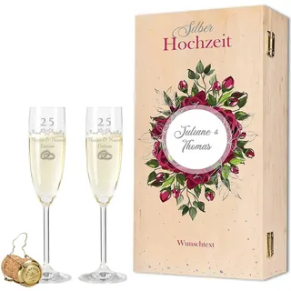 GRAVURZEILE Leonardo Sektgläser mit Gravur - Silberhochzeit 25 Jahre - Personalisiert mit Namen & Datum inkl. Holzkiste - Geschenk zur Hochzeit Verlobung Jahrestag - Farbe: Sekt