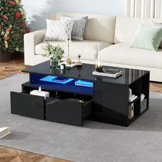 Merax Couchtisch in Hochglanz Schwarz, Moderne Wohnzimmertisch mit LED Beleuchtung, Sofatisch Kaffeetisch mit 2 Schubladen, offene Aufbewahrung, Rechteckiger Beistelltische Mitteltisch für Wohnzimmer