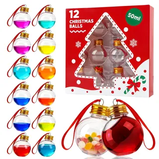 CIYIN 12 Stück Christbaumkugeln 50ml, Weihnachtskugeln zum Befüllen, Transparente Tannenbaumkugeln aus Plastik, mit Schneeflocken-Stickern, befüllbar mit Getränken oder Süßigkeiten
