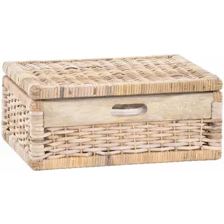 Krines Home Aufbewahrungskorb Flacher Korb mit Deckel Rattan geflochten Regalkorb Aufbewahrungsbox grau
