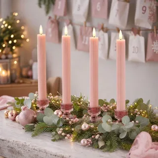 LED Stabkerzen Echtwachs rosa 4 Stück, mit Timer und Fernbedienung 153262