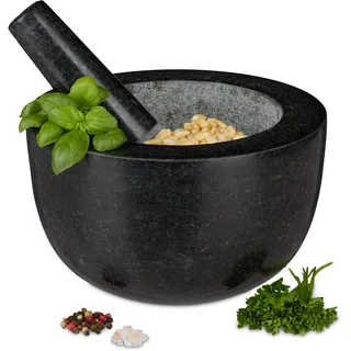 Relaxdays Mörser mit Stößel Granit D: 20 cm 750 ml dunkelgrau