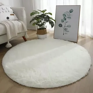 Mozzeilee Runde Badematte, Plüsch, maschinenwaschbar, für Badezimmer, Dusche, Boden-Teppich für die Badewanne, extra weich, saugfähig, flauschige Fußmatte für Flur, Wohnzimmer, Schlafzimmer (weiß, 140