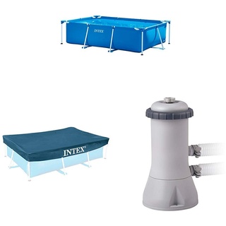 Intex Pool-Set (Pool, Pumpe, Abdeckplane) - Rectangular Frame Pool -Aufstellpool - 300 x 200 x 75 cm + Pool Cover - 300 x 200 cm + Krystal Clear Cartridge Filter Pump - 900 L/H