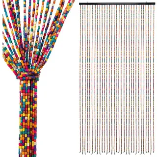 Spetebo Perlenvorhang Dekorativer Türvorhang im Retro Stil mit 31 Strängen 180 x 90 cm (1 St), Hakenaufhängung, halbtransparent, Holz, Holzperlenvorhang im Boho Chic Design bunt