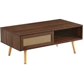 Korbgeflochtener Couchtisch, Teetisch Mit Schiebetüren, Beine Aus Massivholz, Moderner Wohnzimmertisch, Dunkles Walnussholz-h40/b1050/t55 Cm