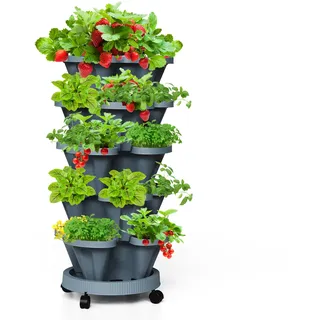 Tectsia Vertikale Erdbeer-Pflanzgefäße, 5-stöckig, stapelbarer Turm, Garten, stapelbare Kräuter-Gemüse-Pflanzgefäße mit beweglichen Rollen und unterer Untertasse, für drinnen und draußen, Dunkelgrau
