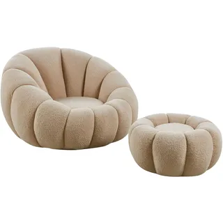 cosyou Sessel mit Hocker weicher Teddystoff - runder Fernsehsessel für Wohnzimmer & Schlafzimmer, Relaxsessel drehbar für entspannte Abende beige weiß rosa - jetzt Farbe wählen (Beige)