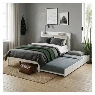 Odikalo Polsterbett Jugendbett Bettgestell Ohne Matratze (Funktionsbett 120x200 cm Weiß mit Ausziehbett 90x190 cm, Holzbett mit gepolstertem Kopfteil, Kopfteilregal, Ladestation und offenem Stauraum, platzsparendes Gästebett) weiß