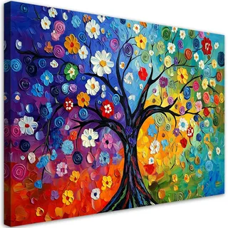 Feeby Leinwand Bilder - Bunter Baum des Lebens - Canvas 120x80 cm - Deko Wohnzimmer - Wandbilder Schlafzimmer - Deko Aesthetic - Wand Deko - Leinwand Groß - Deko Zimmer - Leinwandbilder XXL