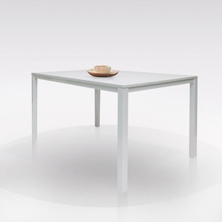 Ausziehbarer Tisch aus lackiertem Metall und Laminatplatte, weiße Farbe, 130 x 76 x 85 cm.