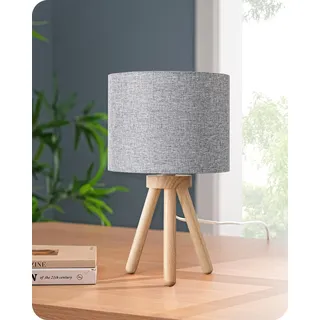 EDISHINE Nachttischlampe Holz, Tischlampe Vintage, Stativ Kleine Tischleuchte, Retro Landhaus, E27 LED Birne, Lampenschirm aus Leinen, für Deko Schlafzimmer, Wohnzimmer, Geschenk, Grau