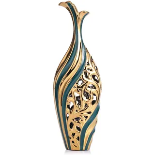 Grün Gold Bodenvase 50cm Hoch, Keramik Große Deko Vasen Durchbrochen Kreative Vase Für Pampasgras & Trockenblumen, 50cm Hohe Standvase für Home Office Hochzeit Weihnachten Einweihungsparty Dekor