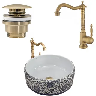 wohnwerk.idee Aufsatzwaschbecken Waschbecken Vintage Blau Ornamente Blumen Florisa Design weiß