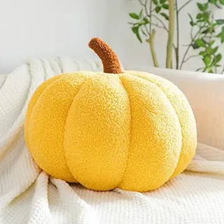 Kürbis Kissen, Herbstdeko Kürbis Dekokissen, 3D Plüsch Halloween Deko Kürbis Zierkissen Deko Aesthetic Sofakissen Kürbiskissen, Herbst Kürbis Kissen für Deko Wohnzimmer Schlafzimmer (Gelb, 28CM)