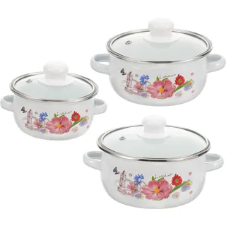 CIYODO 3Stücke Mini Emaille Suppentopf mit Doppelgriffen Multifunktionaler Kochtopf für Küche Vintage Design mit Blumenmuster für Induktionsherde und Verschiedene Kochmethoden