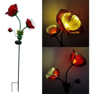 Online-Fuchs Gartenstecker 2 Mohnblumen aus Glas mit LED-Solarbeleuchtung - Beetstecker (beleuchtete Staubfäden in der Blüte, 91 cm groß) beeindruckende Dekoration für Ihren Garten, Terrasse oder Balkon rot