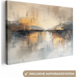 MuchoWow® - Leinwandbilder - Abstrakt - Modern - Beige - Ästhetisch - Gold, Wandbild, Wanddeko Bilder Wohnzimmer, 120x80 cm - Bunt