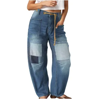 Jeans Damen Lässig Low Waist Jeans Baggy Jeans Damen Patchwork Hose Weite Jeans mit Tasche