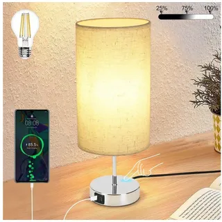 Nettlife Nachttischlampe Touch Dimmbar Warmweiße Tischleuchte für Schlafzimmer Stufenlosem, mit Ladefunktion USB, LED wechselbar, Warmweiß, für Schlafzimmer kinderzimmer Bedside silberfarben Rund