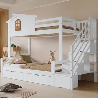 Etagenbett Kinderbett Mit Schubladen Und Eck-leiterschrank, Stockbett Aus Kiefer Holz Mit Stauraum, 90x200cm & 120x200cm, Weiß Natur