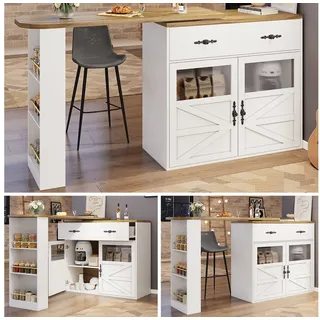 Fine Life Pro Sideboard Bar-Tisch weiß, ausziehbar 138-204 cm, 360° drehbar, Regale
