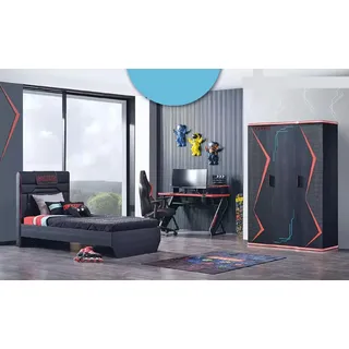 JV Möbel Gamer Kinderzimmer Schwarzes Schlafzimmer Bett, Tisch Kleiderschrank, 3tlg.