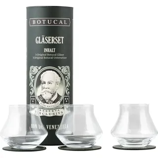 Botucal Geschenkset Dose Gläserset - Botucal Dose + 3x Leder Untersetzer + 3x Rum Tumbler Glas Gläser