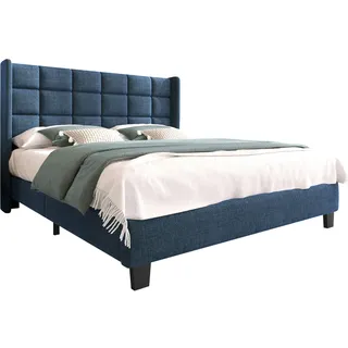Merax Polsterbett Doppelbett 140x200 aus Leinen & Holz & Metall mit Lattenrost & Kopfteil für Schlafzimmer Blau