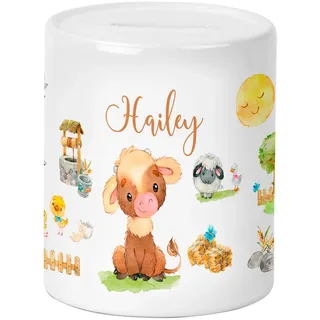 Bauernhof Kuh Kinder-Spardose für Jungen und Mädchen mit Namen personalisiert zur Einschulung Taufe Geburtstag Sparschwein