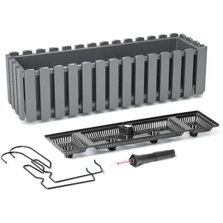 KAGM Blumenkasten Balkonkasten Pflanzkasten Latten-Optik/Landhausoptik mit Halterung Wasserspeicher / 58cm Grau