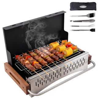 HOMAVO Holzkohlegrill tragbar mit Zubehörset, klappbarer Grill 38,15 x 20,95 cm, werkzeuglose Montage, 2-fach höhenverstellbar, ideal für Balkon Garten Camping